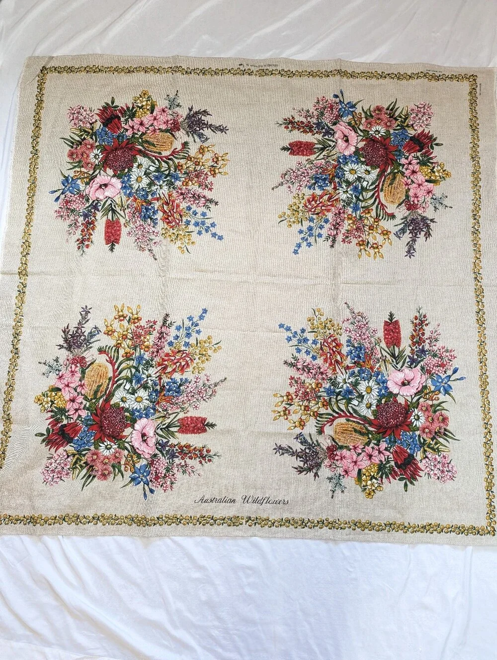 Vintage Heil Australian Wildflowers Linen Cotton Tablecloth  52